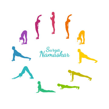 Yoga surya namaskar sequence. Sun salutating woman, morning yoga flow with all steps. Rainbow colored vector illustration
