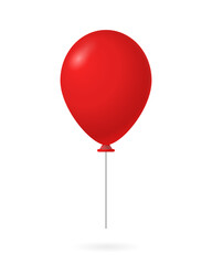 Red balloon with string. Holiday fun filled with round helium with shiny inflatable gradient realistic latex vector sphere.