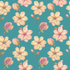 Magnolia seamless botanical pattern. Watercolor botanical ornament. Pink flowers on a birch background.