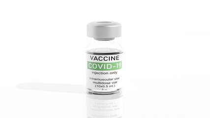 Vaccine glass bottle covid-19 virus. Epidemic virus protection concept. .3D Rendering.