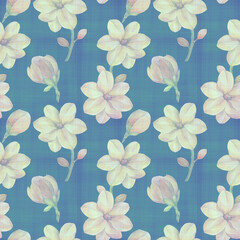 Magnolia seamless botanical pattern. Watercolor botanical ornament. Pink flowers on an abstract background.