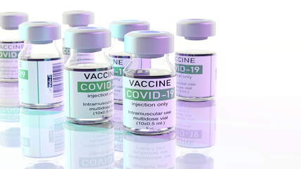 Vaccine glass bottle covid-19 virus. Epidemic virus protection concept. .3D Rendering.