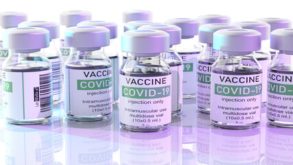 Vaccine glass bottle covid-19 virus. Epidemic virus protection concept. .3D Rendering.
