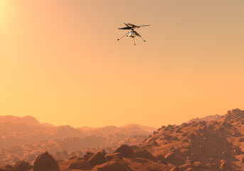 Fototapeta na wymiar Helicopter Ingenuity explore Mars. Drone on the ground of Mars examining rocks