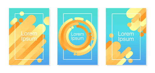 Fototapeta premium Bright colorful abstract design cover set. Vibrant orange to yellow gradient blend shapes on aquamarine blue background. Trendy poster, leaflet, flyer, print cover background design template vector.
