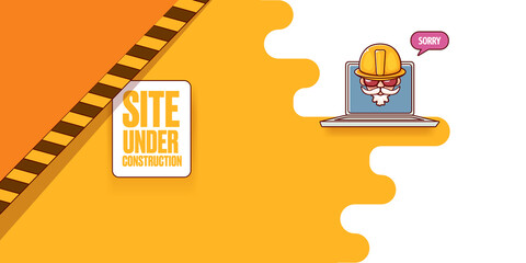 Site under construction orange web landing page design concept with funny worker and laptop.