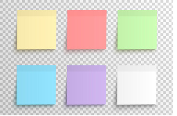 Fototapeta na wymiar Realistic sticky notes collection, colored sheets of note paper templates on a transparent background