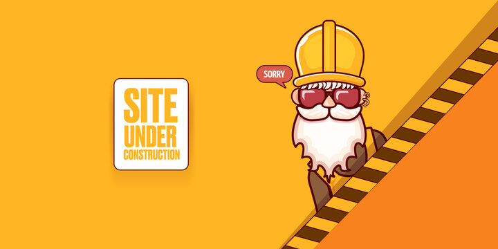 Site under construction orange web landing page design concept with funny worker and laptop.