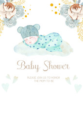 Watercolor hand painted newborn boy birthday card and baby shower invitation. Design for invitation, children decoration. Kid, flowers, baby, bear
