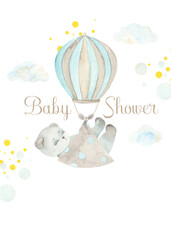 Watercolor hand painted newborn boy birthday card and baby shower invitation. Design for invitation, children decoration. Kid, flowers, baby, bear