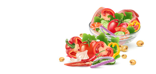 Vegetables salad of bowl with chili, tomatoes, garlic, cucumber splashing elements isolated on white background. Vector realistic in 3D illustration.