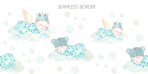 Watercolor hand painted newborn boy seamless border with cute sleeping baby, crown, clouds. Design for baby shower, textile, nursery decor, children decoration - 428975781