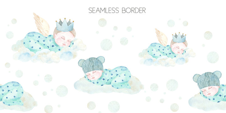 Watercolor hand painted newborn boy seamless border with cute sleeping baby, crown, clouds. Design for baby shower, textile, nursery decor, children decoration