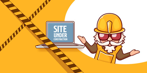 Site under construction orange web landing page design concept with funny worker and laptop.