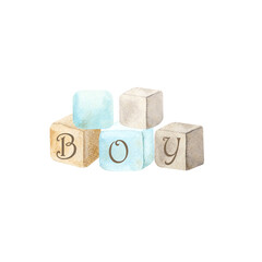 Watercolor hand painted gray 
 and blue cubes with the inscription boy. Design for baby shower, textile, nursery decor, children decoration