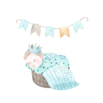 Watercolor hand painted newborn boy composition with cute sleeping baby, crown, clouds, flags. Design for baby shower, textile, nursery decor, children decoration