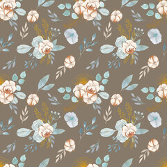 Watercolor floral seamless pattern with delicate blue and gray flowers, leaves, branches, twigs and gold elements isolated on white background