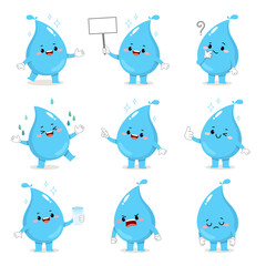 Set of cute water drop cartoon characters with various activities.
