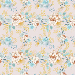 Watercolor floral seamless pattern with delicate blue and gray flowers, leaves, branches, twigs and gold elements isolated on white background