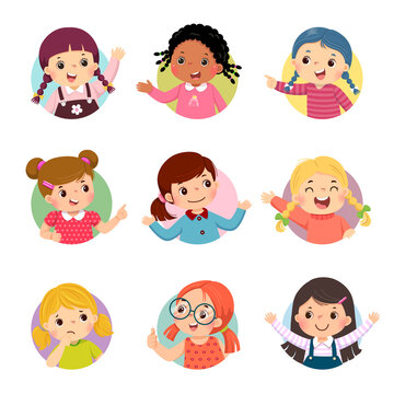 Vector cartoon set of different girl kids with various postures