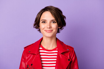 Portrait of gorgeous satisfied young person smile look camera isolated on pastel purple color background