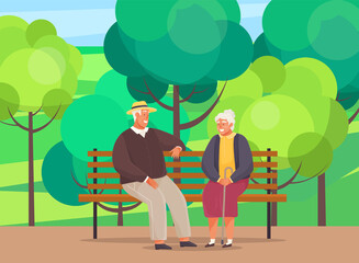 Old woman and man are resting and sitting on bench in park. Meeting of retirees from nursing home