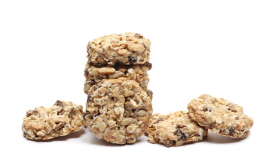 Muesli cookies stack, granola biscuits with peanuts, raisins and sunflower seeds