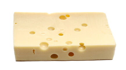 Semi-hard cheese with holes isolated on white background