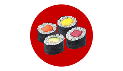 Comida japonesa. Sushi. Makis de salmón, atún, aguacate y mango. Acuarela. Bandera de Japón