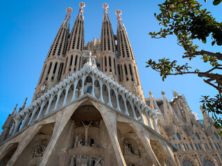 Frontal view of Passion Facade of the Sagrada Família in Barcelona, Spain 