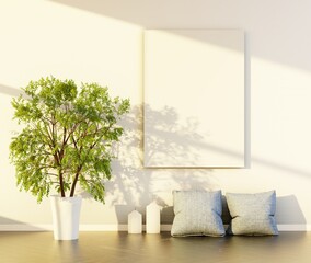 Empty frame on a wall above two pillows. Big home plant and warm sunlight. Scandinavian interior. 3D rendering.