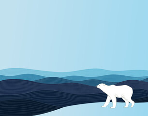 Obraz na płótnie Canvas Polar bear standing on ice near ocean. Abstract wavy blue background with wild arctic animal. Geometric sea illustration in oriental style. - Vector