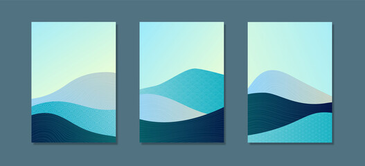 Set of modern abstract wavy posters. Background template with pattern in blue colors. - Vector illustration