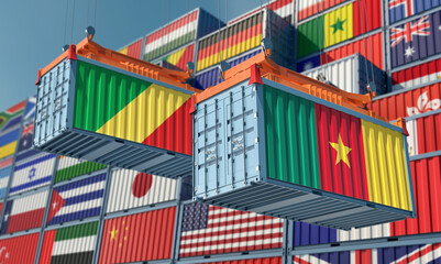 Freight containers with Republic of the Congo and Cameroon national flags. 3D Rendering 
