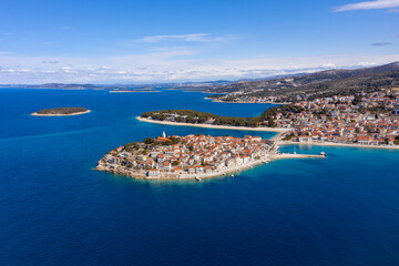 Adriatic tourist destination of Primosten - UNESCO World Heritage, Dalmatia, Croatia. Aerial panoramic.
