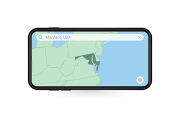 Searching map of Maryland in Smartphone map application. Map of Maryland in Cell Phone.