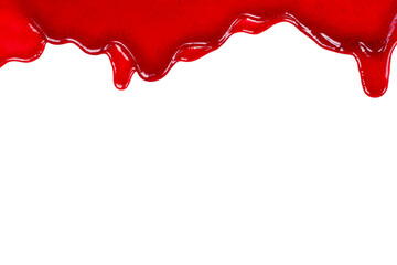 Cherry sweet syrup dripping on white background