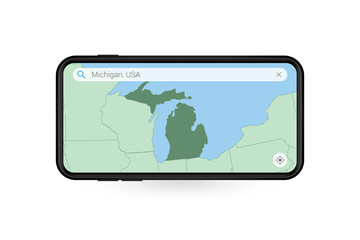 Searching map of Michigan in Smartphone map application. Map of Michigan in Cell Phone.