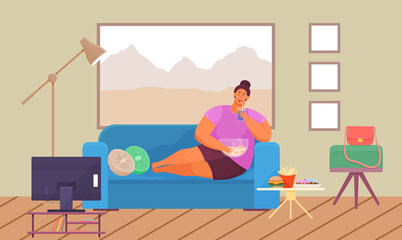 Overweight girl resting on sofa at home and has bad lifestyle. Fat young woman eating junk food