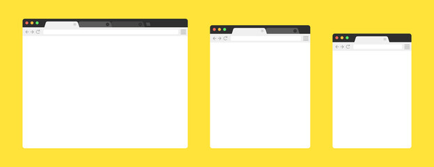 Browser mockups on yellow background. Design a simple blank web page. Template browser window on compute, tablet and smartphone. Vector set.