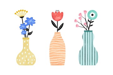 いろいろな花瓶とお花のセット　水彩ベクターイラスト