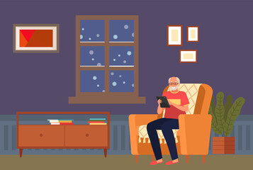 Old people play video game. Senior people with different gadgets. Oldster education on computer