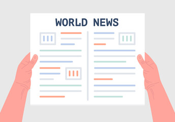 Hands holding newspaper. Daily business news gazette concept. Paper media tabloid concept. Vector illustration.