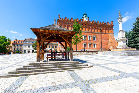 View on market with Sandomierz gothic Town Hall, old wooden well and 18th century statue of the Mother of God, Sandomierz, Poland