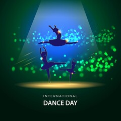 Vector illustration concept of International Dance Day greeting with dancing ballerina silhouette. 29 April.