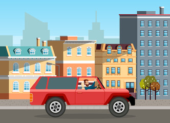 Obraz na płótnie Canvas Modern car parking along town street in cartoon style. Vehicles car on city street