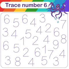 Vector Illustration of activity page for handwriting practice. Learning numbers for kids.Trace number design for learning handwriting