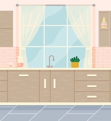 Kitchen with furniture. Cozy kitchen interior with stove, cupboard, dishes and potted plants