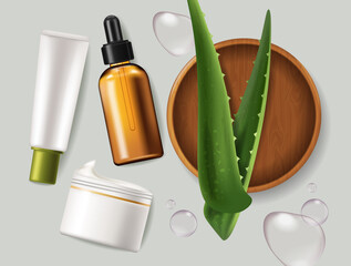 Aloe Vera leaves and cosmetics Vector realistic. Serum, cream products placement mock up bottles. Packaging design label lotions. Splash water drops backgrounds