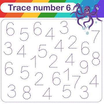 Vector Illustration of activity page for handwriting practice. Learning numbers for kids.Trace number design for learning handwriting